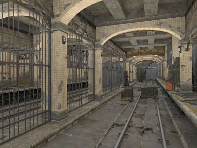 Abandoned Subway Station With Rail Tracks Iron Fences Arched Structures And Brick Stone Walls 3d model