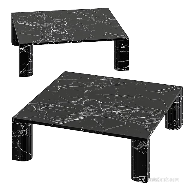 Modern Black Marble Coffee Table Set With Veined Surface And Sturdy Legs 3d model
