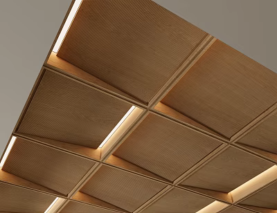 Modern Wooden Ceiling Design With Square Panels Recessed Lighting And Natural Grain 3d model