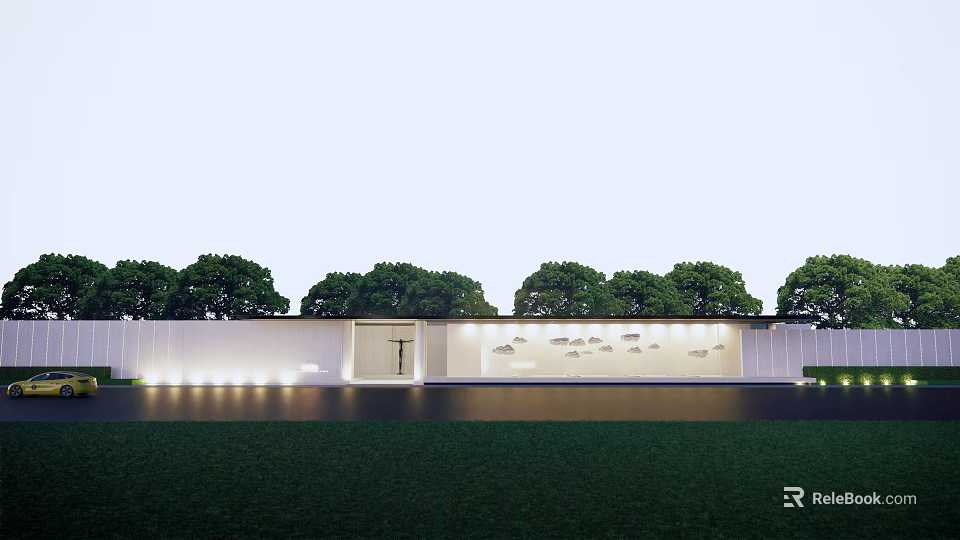 Modern White Building Exterior Wall With Bird Patterns Lawn Trees And Lighting 3d model