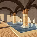 Tranquil Sauna Space with Red Brick Vaulted Ceilings Multiple Arches Stone Pillars and Pool 3d model