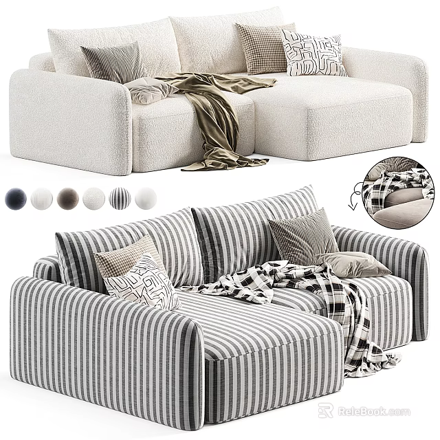 Double Sofa with Striped and Solid Color Options Pillows and Blanket for Living Room Interior 3d model 