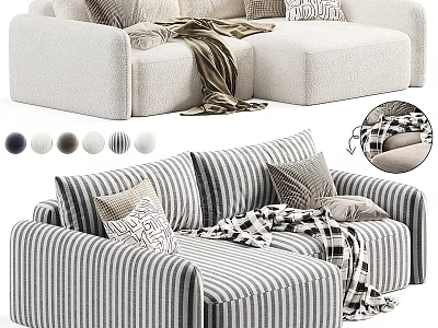 Double Sofa with Striped and Solid Color Options Pillows and Blanket for Living Room Interior 3d model