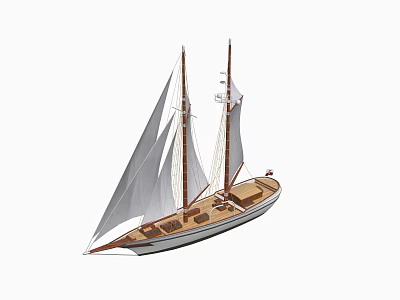 Two Masted Sailing Boat with White Sails and Wooden Hull Design Details 3d model