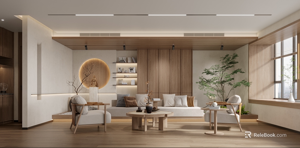 Modern Open Office Interior With Wooden Sofa Coffee Table Round Decor Bookshelf And Green Plant 3d model 