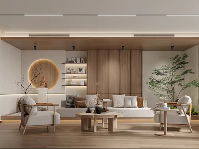 Modern Open Office Interior With Wooden Sofa Coffee Table Round Decor Bookshelf And Green Plant 3d model