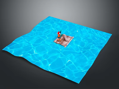 Small Wooden Platform In Blue Water With Red Clothed Figure And Rocket Structure 3d model