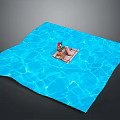 Small Wooden Platform In Blue Water With Red Clothed Figure And Rocket Structure