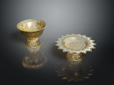 Golden Wine Glasses With Intricate Patterns And Pedestals On Black Background With Reflections 3d model