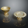 Golden Wine Glasses With Intricate Patterns And Pedestals On Black Background With Reflections