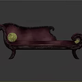 Classic Purple Chaise Lounge with Wooden Frame and Carved Details and Yellow Cylindrical Cushion
