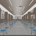 Spacious Cafeteria Interior With Long Tables Blue Stools And Wooden Ceiling 3d model