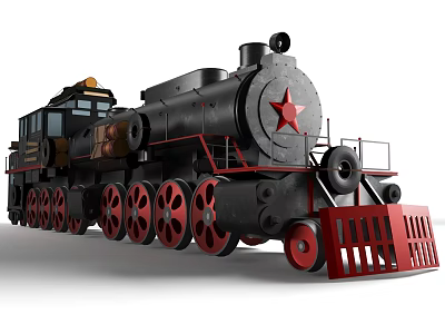 Black Vintage Steam Train With Red Wheels And Star Emblem 3d model
