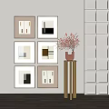 Modern Interior With Framed Artworks In Neutral Tones Pink Vase Golden Stand White Shelves