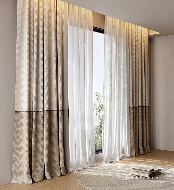 Elegant Layered Curtains With Beige Linen And White Sheer Panels For Window Natural Light View 3d model 