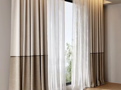 Elegant Layered Curtains With Beige Linen And White Sheer Panels For Window Natural Light View 3d model