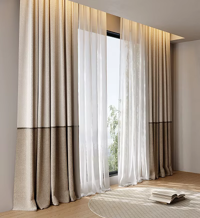 Elegant Layered Curtains With Beige Linen And White Sheer Panels For Window Natural Light View 3d model