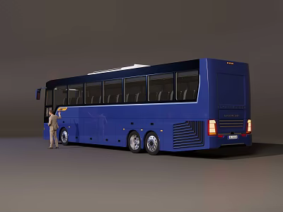 Blue City Bus With Person Standing Next To Pointing At Vehicle 3d model