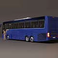 Blue City Bus With Person Standing Next To Pointing At Vehicle