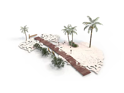 Tropical Island Scene With Wooden Pathway Palm Trees White Sand And Bushes 3d model