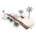 Tropical Island Scene With Wooden Pathway Palm Trees White Sand And Bushes