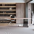 Elegant Modern Study Room Interior With Wooden Shelves Desk Computer And Decorative Items