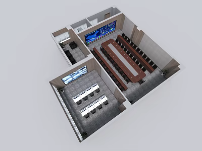 Modern Conference Room Interior With Long Wooden Table Rows of Seats and Large Digital Screens 3d model