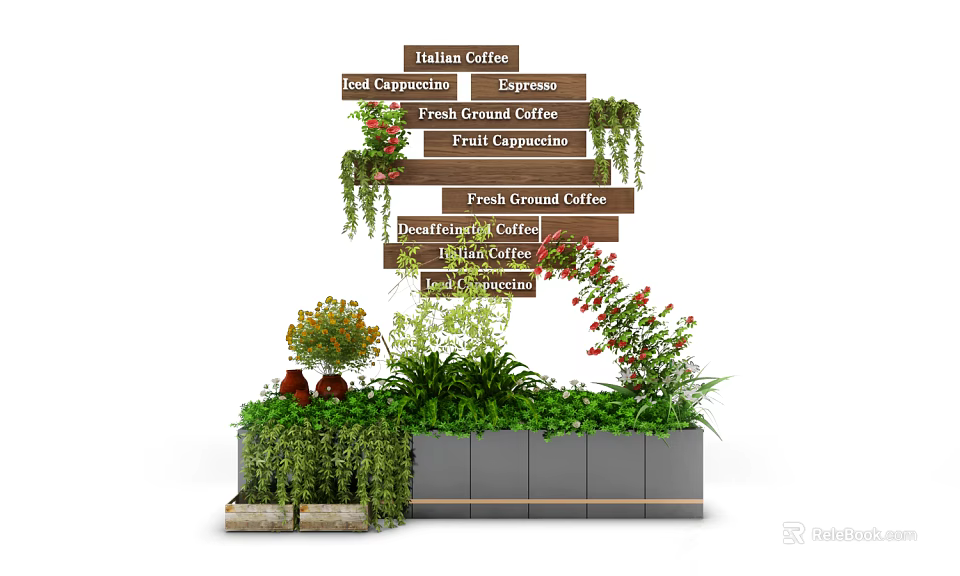 Garden Decor Featuring Wooden Coffee Signs Green Plants Vines Red Flowers Planter Boxes And Decorations 3d model 