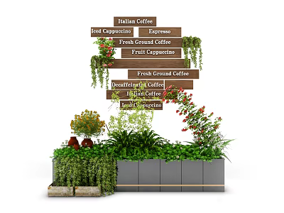Garden Decor Featuring Wooden Coffee Signs Green Plants Vines Red Flowers Planter Boxes And Decorations 3d model