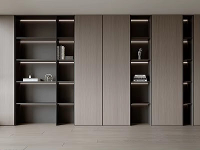 Sleek Modern Bookcase Featuring Wooden Panels Open Closed Storage And Built In Lighting 3d model