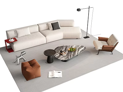 Cream L Shaped Sofa And Marble Coffee Table Set With Armchair Floor Lamp And Rug 3d model