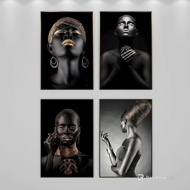 Elegant Black Women Portrait Art With Gold Accessories And Black Background 3d model 