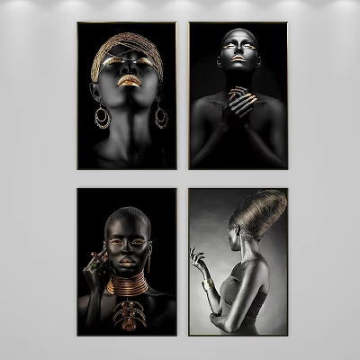 Elegant Black Women Portrait Art With Gold Accessories And Black Background 3d model