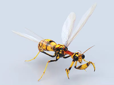 Flying Mantis With Yellow Black Body Transparent Wings And Sickle Shaped Forelegs On Light Background 3d model