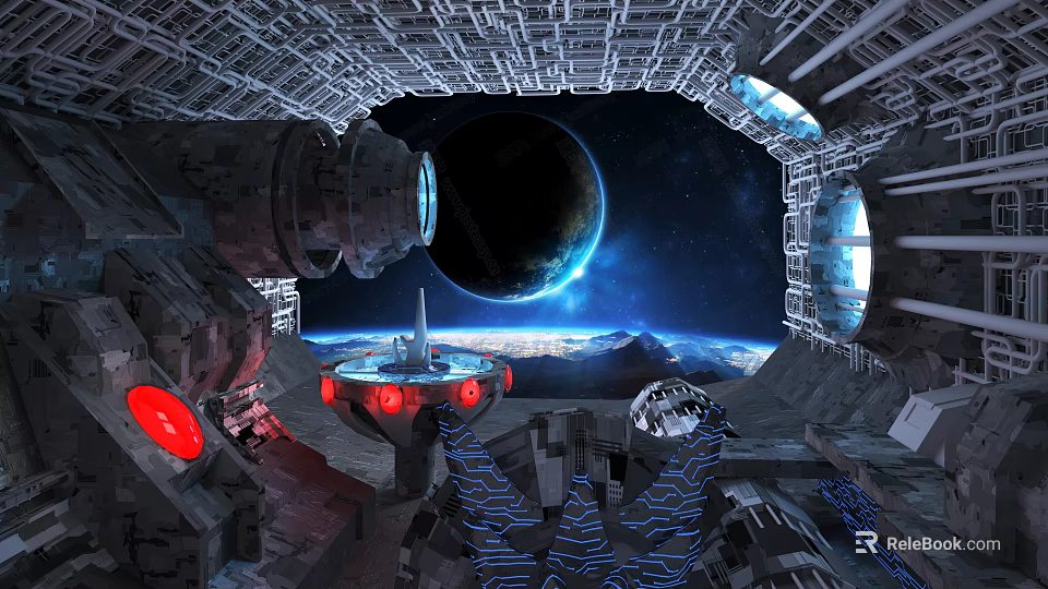 Cartoon Spaceship Interior Scene with Control Console Red Lights Planet Starry Sky and Earth Background 3d model 