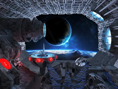 Cartoon Spaceship Interior Scene with Control Console Red Lights Planet Starry Sky and Earth Background 3d model