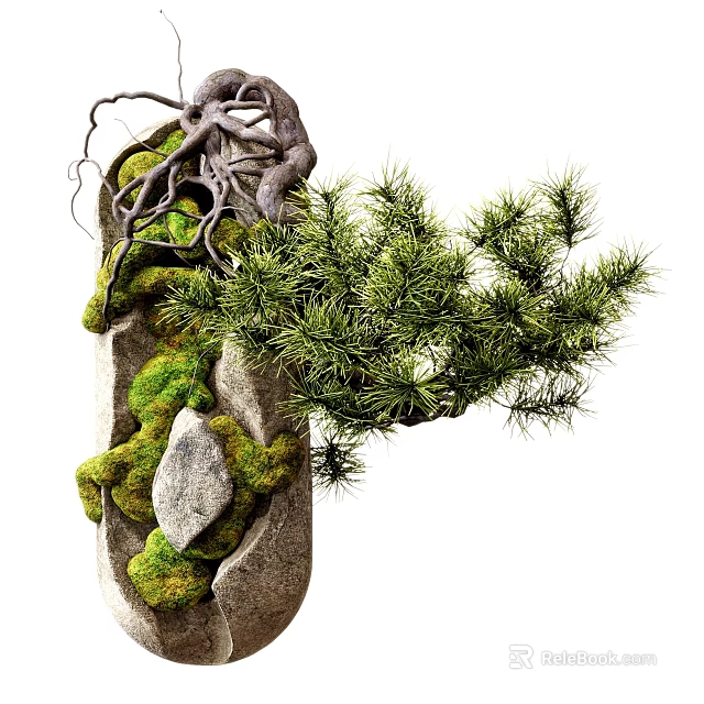 Miniature Pine Bonsai Potted Plant with Exposed Roots Green Moss and Natural Stone 3d model 