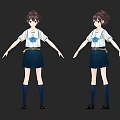 Anime Game Character With Brown Hair White Blouse Blue Bow And Blue Pleated Skirt