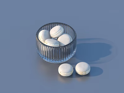 Fresh White Macarons Placed in Transparent Glass Bowl with Two Extra Pieces 3d model