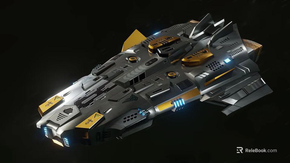 Futuristic Spaceship With Metallic Surface Yellow Blue Lights And Sleek Design 3d model 