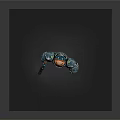 Smart Robot With Heavy Metallic Armor Glowing Orange Head Holding Blaster Gun