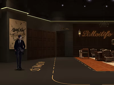 Bellolife Fitness Club Lounge With Wooden Walls Chandelier Seating And Floor Lines 3d model