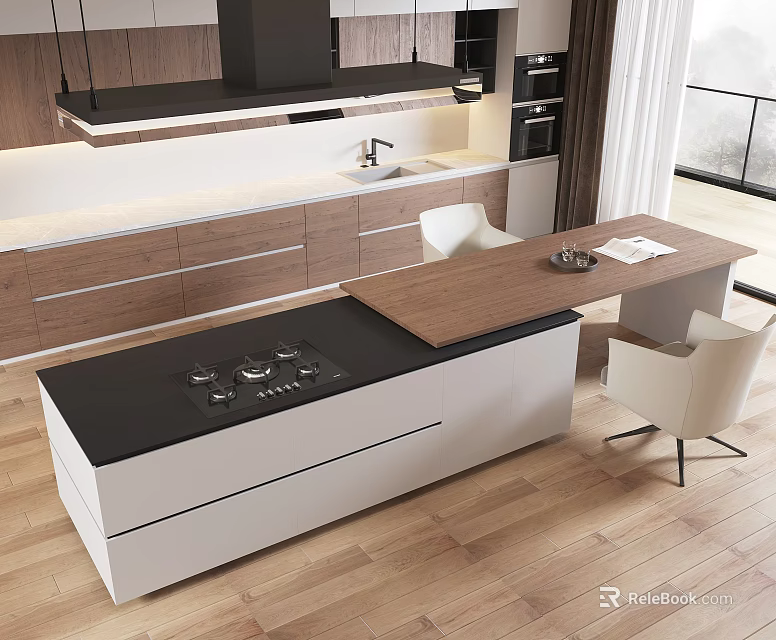 Modern Kitchen Interior Design With Wooden Island Counter Black Stovetop And White Cabinets 3d model 