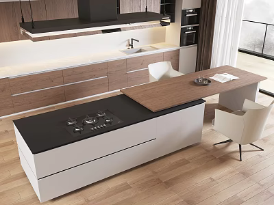 Modern Kitchen Interior Design With Wooden Island Counter Black Stovetop And White Cabinets 3d model