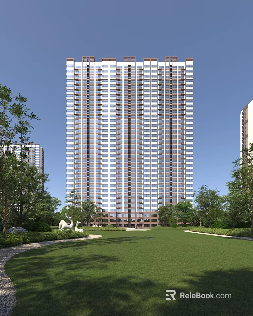 High Rise Modern Residential Building Surrounded By Green Lawn And Trees 3d model 
