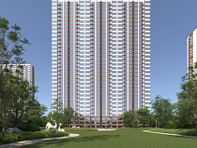 High Rise Modern Residential Building Surrounded By Green Lawn And Trees 3d model
