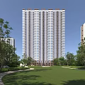 High Rise Modern Residential Building Surrounded By Green Lawn And Trees
