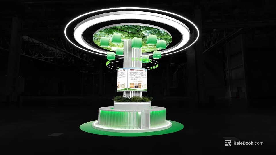 Illuminated Exhibition Island With Circular Lighting Ring Green Plants And Display Board 3d model 