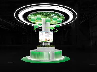 Illuminated Exhibition Island With Circular Lighting Ring Green Plants And Display Board 3d model