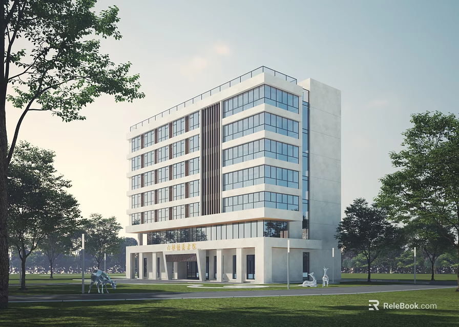 Modern Multi Story Office Building Exterior With Glass Curtain Wall And Green Trees Lawn 3d model 